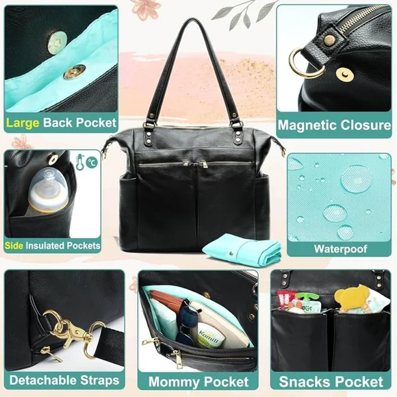 Mominside Black Leather Baby Diaper Bag Backpack, 14 Pockets & Changing Pad - Picture 5 of 16